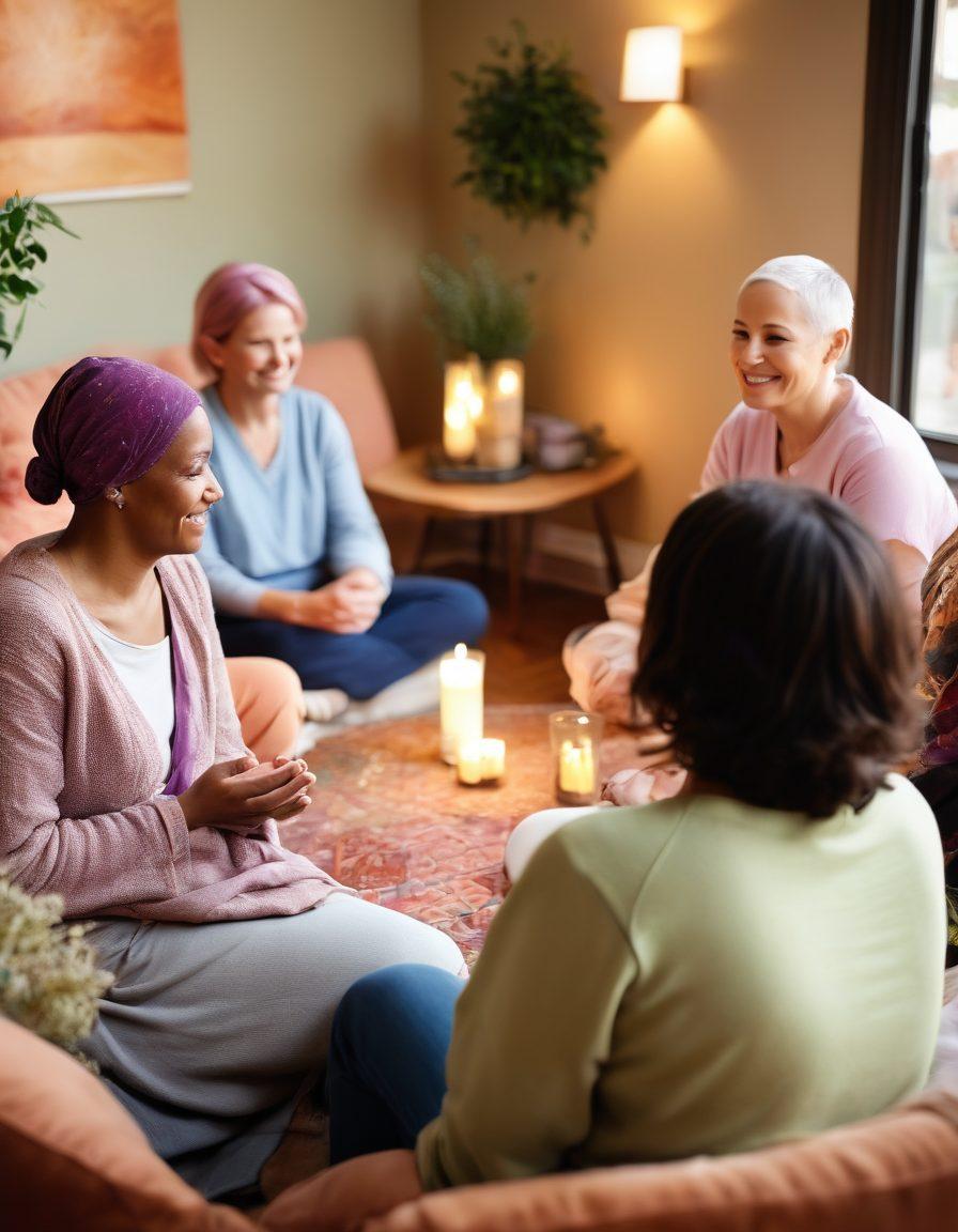 A diverse group of people sitting in a cozy circle, sharing stories and support with warm smiles, symbolizing community and compassion in cancer care. Soft, natural lighting illuminates the scene, highlighting details like comforting gestures and caring expressions. In the background, educational materials and herbs symbolize holistic approaches. Captivating color tones evoke a sense of hope and resilience. super-realistic. vibrant colors. warm atmosphere.
